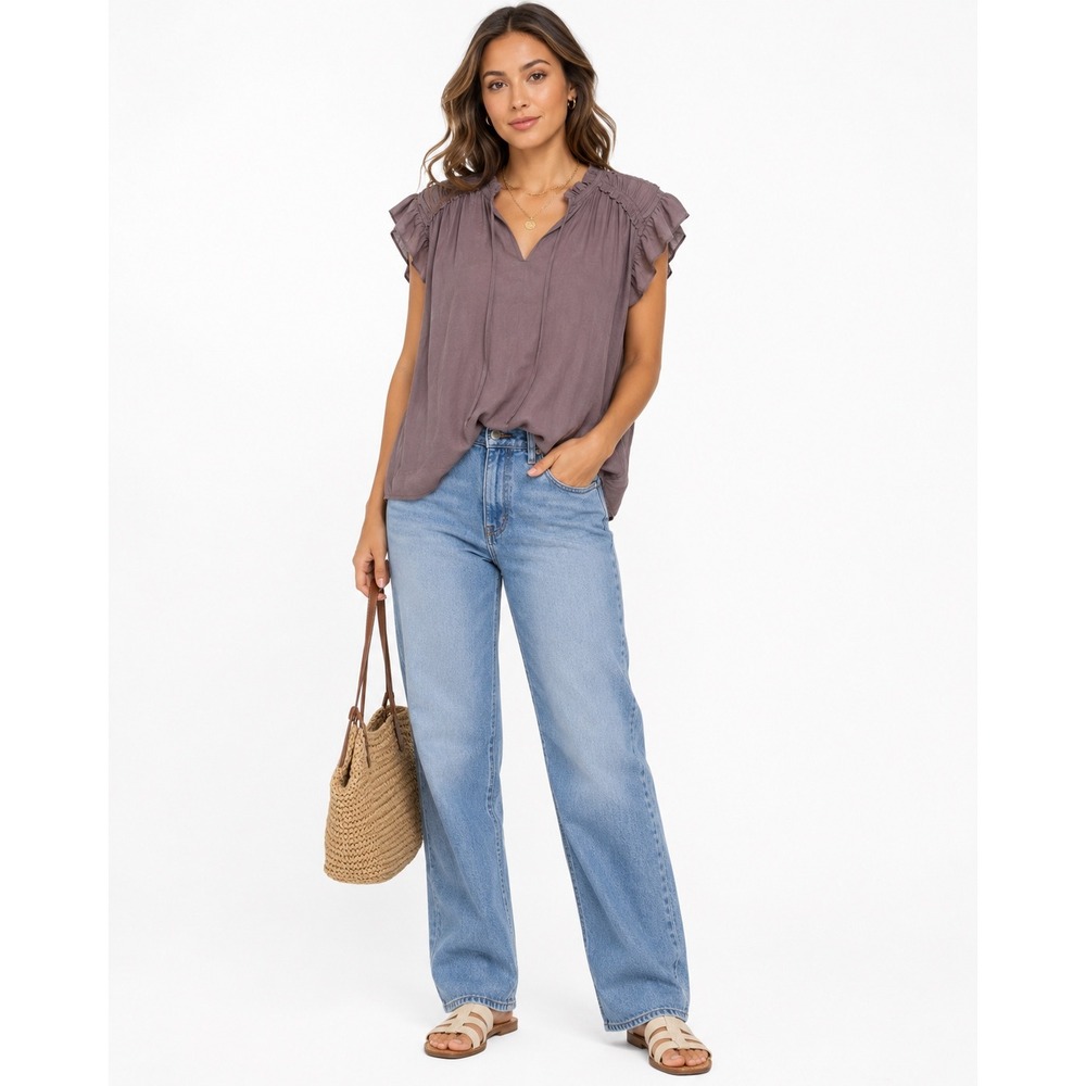 Current Air Blouse Womens Large Purple Flutter Sleeve Ruffle Neck Feather Boho